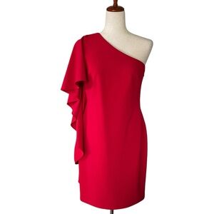 open lace back dress Scuba One Shoulder Column Dress with Pleated Ruffle Flower  Camille La Vie